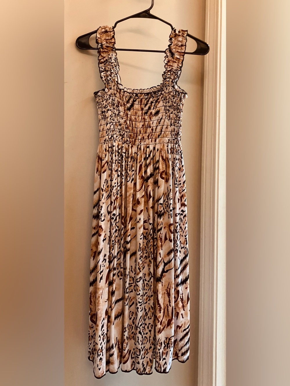 Woman’s Smocked Sundress in Beige Animal Print Size OS